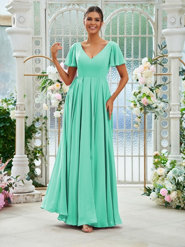 A-Line/Princess Chiffon Ruffles V-neck Short Sleeves Floor-Length Bridesmaid Dresses 2226