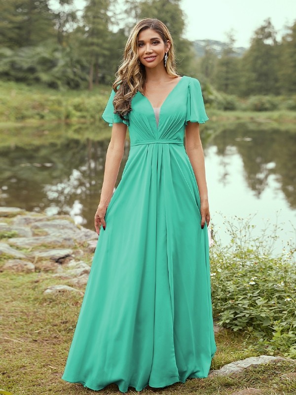 A-Line/Princess Chiffon Ruffles V-neck Short Sleeves Floor-Length Bridesmaid Dresses 2223