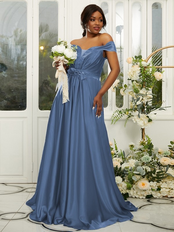 A-Line/Princess Silk like Satin Ruffles Off-the-Shoulder Sleeveless Sweep/Brush Train Bridesmaid Dresses 2482