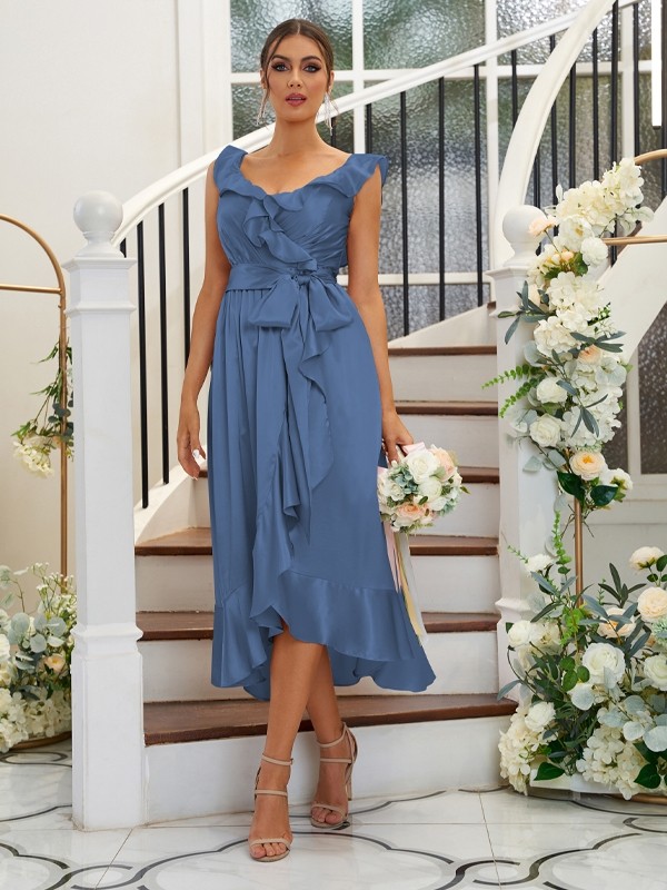 A-Line/Princess Silk like Satin Ruffles V-neck Sleeveless Tea-Length Bridesmaid Dresses 2496