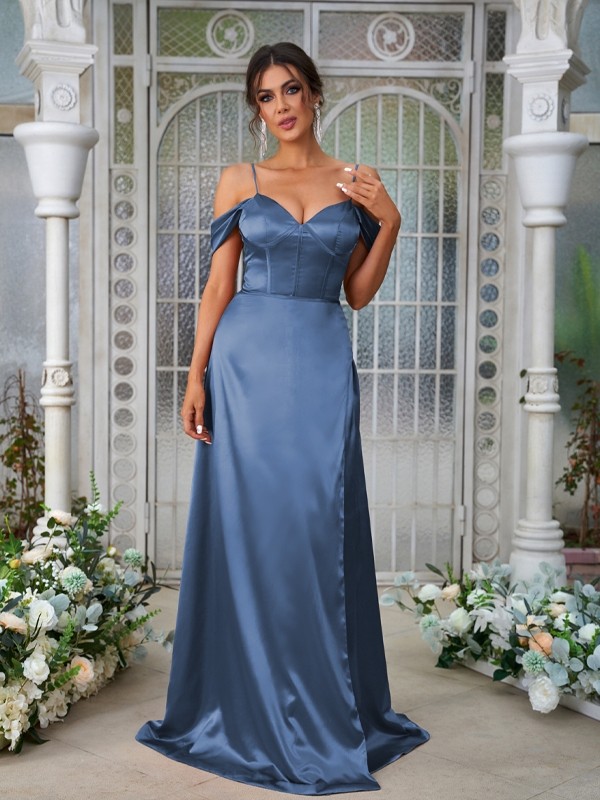 A-Line/Princess Silk like Satin Ruched Sweetheart Sleeveless Sweep/Brush Train Bridesmaid Dresses 2473