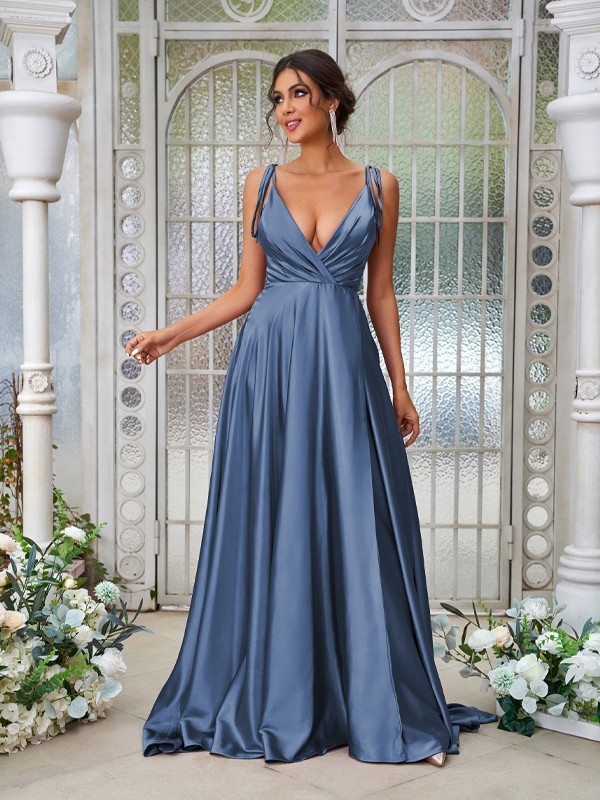 A-Line/Princess Silk like Satin Ruffles V-neck Sleeveless Sweep/Brush Train Bridesmaid Dresses 2494