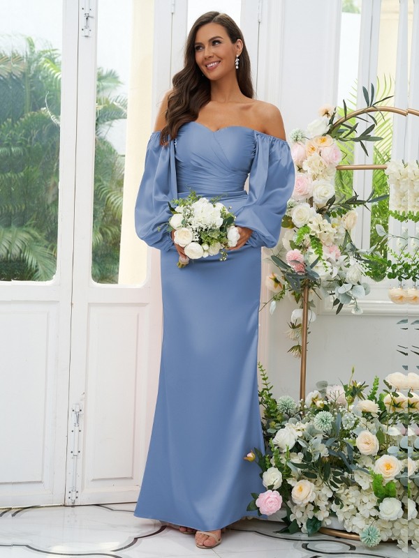 Sheath/Column Silk like Satin Ruched Off-the-Shoulder Long Sleeves Floor-Length Bridesmaid Dresses 3054