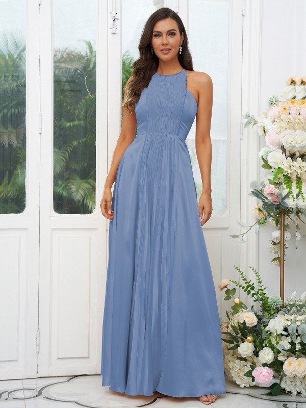 A-Line/Princess Silk like Satin Ruffles Halter Sleeveless Floor-Length Bridesmaid Dresses 2480