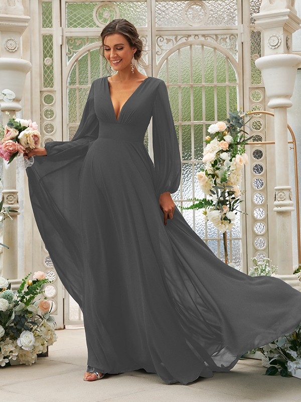 A-Line/Princess Chiffon Ruffles V-neck Long Sleeves Sweep/Brush Train Bridesmaid Dresses 2219