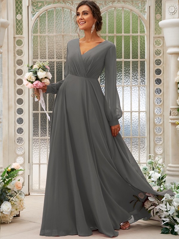 A-Line/Princess Chiffon Ruched V-neck Long Sleeves Floor-Length Bridesmaid Dresses 2169