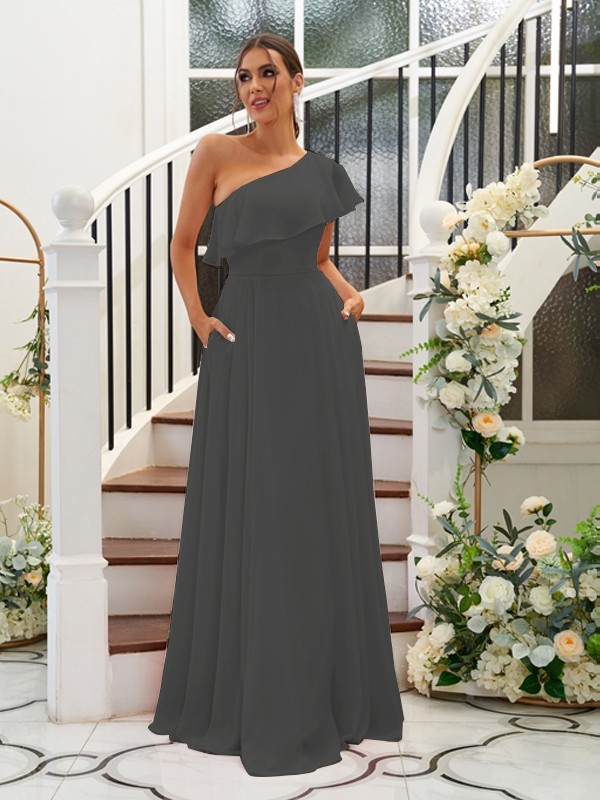 A-Line/Princess Chiffon Ruffles One-Shoulder Sleeveless Floor-Length Bridesmaid Dresses 2205