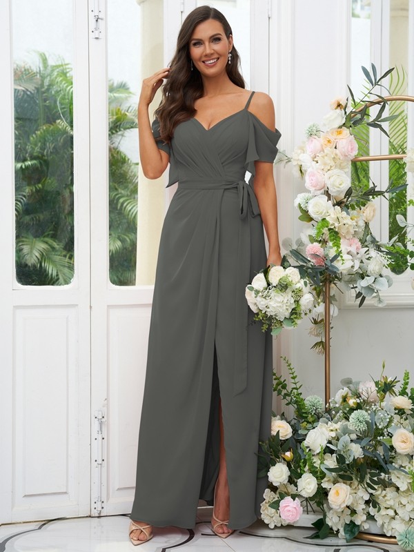 A-Line/Princess Chiffon Ruched V-neck Short Sleeves Floor-Length Bridesmaid Dresses 2171