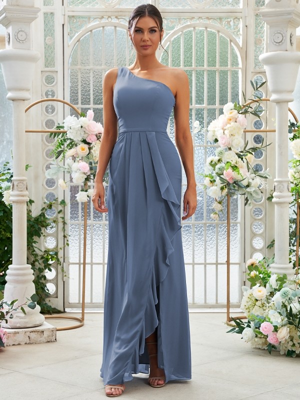 Sheath/Column Chiffon Ruffles One-Shoulder Sleeveless Floor-Length Bridesmaid Dresses 2914