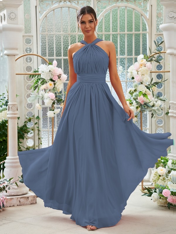 A-Line/Princess Chiffon Ruched Halter Sleeveless Floor-Length Bridesmaid Dresses 2154