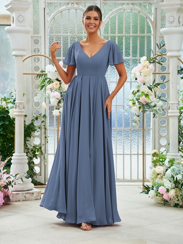 A-Line/Princess Chiffon Ruffles V-neck Short Sleeves Floor-Length Bridesmaid Dresses 2226