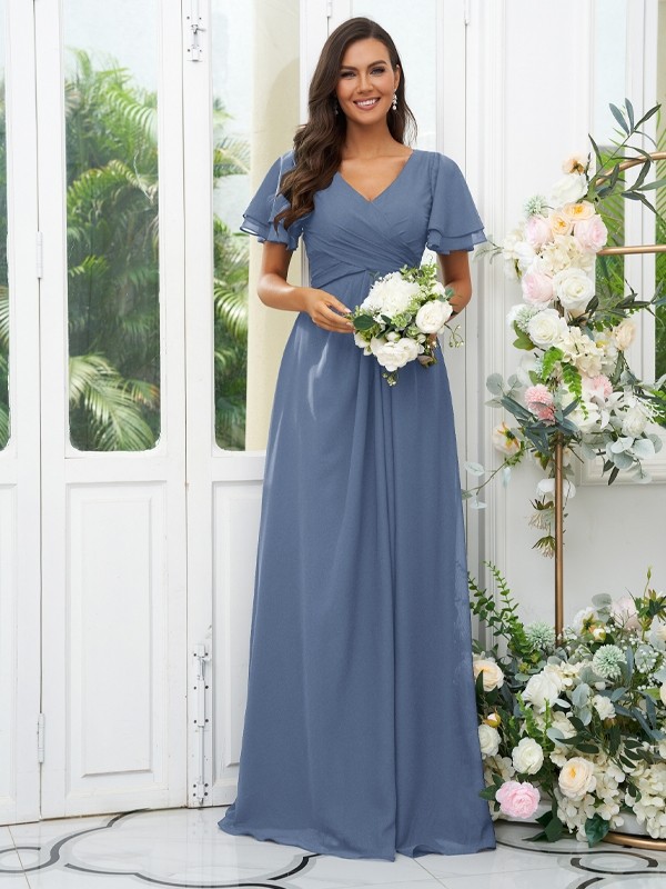 A-Line/Princess Chiffon Ruffles V-neck Short Sleeves Floor-Length Bridesmaid Dresses 2225