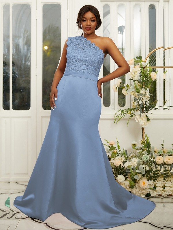 Sheath/Column Satin Lace One-Shoulder Sleeveless Sweep/Brush Train Bridesmaid Dresses 3017