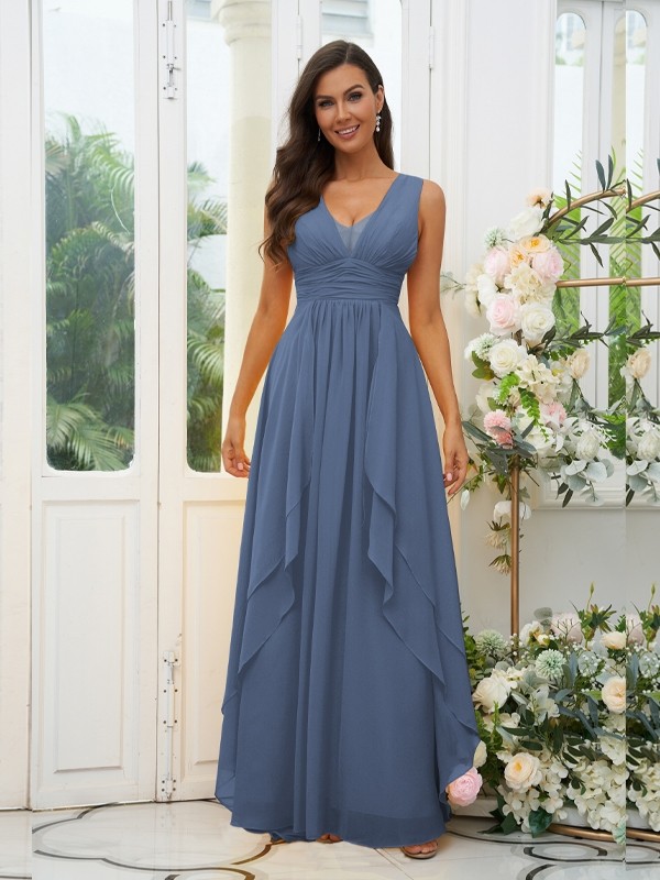 A-Line/Princess Chiffon Ruffles V-neck Sleeveless Floor-Length Bridesmaid Dresses 2240