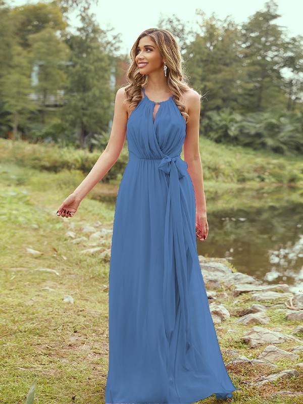 A-Line/Princess Chiffon Ruffles Halter Sleeveless Sweep/Brush Train Bridesmaid Dresses 2196