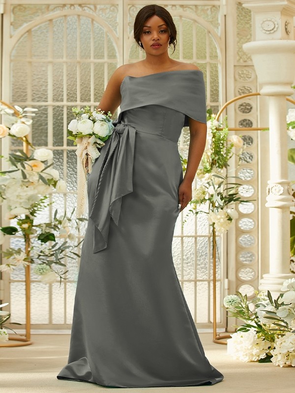 Sheath/Column Satin Ruched One-Shoulder Sleeveless Sweep/Brush Train Bridesmaid Dresses 3022