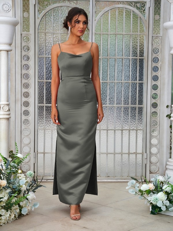 Sheath/Column Satin Ruched Spaghetti Straps Sleeveless Ankle-Length Bridesmaid Dresses 3025