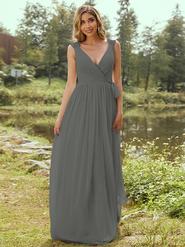 A-Line/Princess Chiffon Ruffles V-neck Sleeveless Floor-Length Bridesmaid Dresses 2235