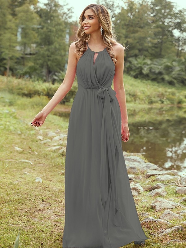 A-Line/Princess Chiffon Ruffles Halter Sleeveless Sweep/Brush Train Bridesmaid Dresses 2196