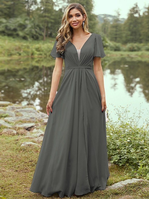 A-Line/Princess Chiffon Ruffles V-neck Short Sleeves Floor-Length Bridesmaid Dresses 2223