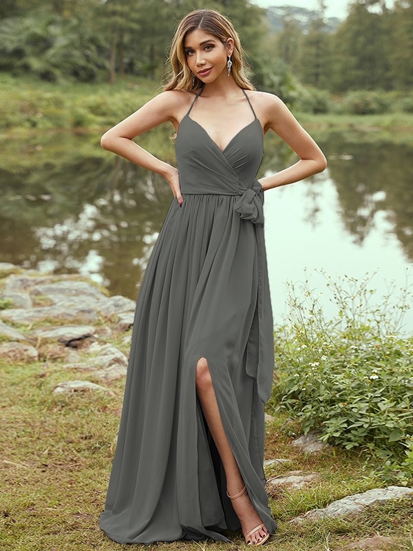 A-Line/Princess Chiffon Ruffles V-neck Sleeveless Sweep/Brush Train Bridesmaid Dresses 2246