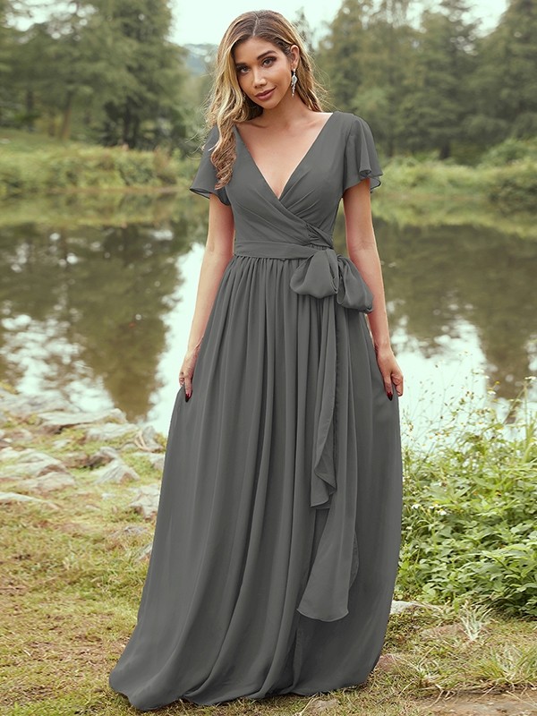 A-Line/Princess Chiffon Ruffles V-neck Short Sleeves Floor-Length Bridesmaid Dresses 2224