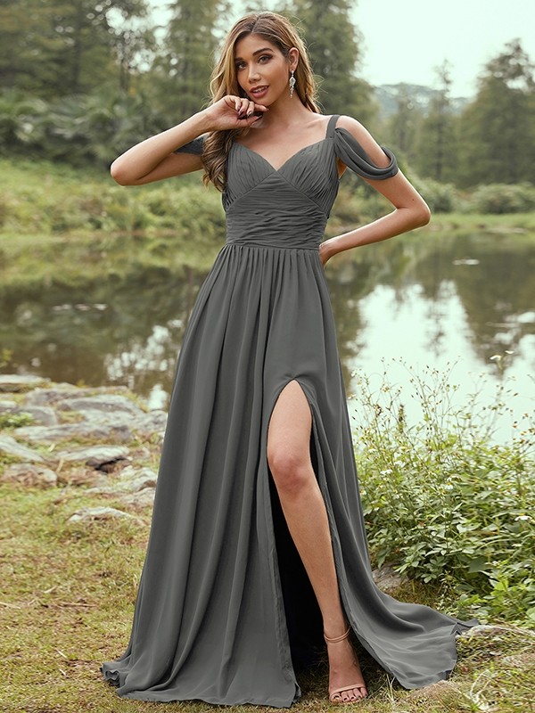 A-Line/Princess Chiffon Ruched V-neck Sleeveless Sweep/Brush Train Bridesmaid Dresses 2189