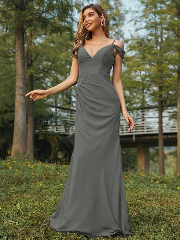 Sheath/Column Chiffon Ruched V-neck Sleeveless Floor-Length Bridesmaid Dresses 2910