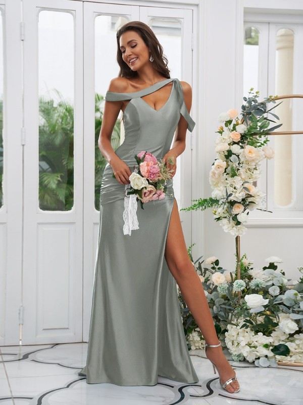 Sheath/Column Polyester Ruched Off-the-Shoulder Sleeveless Sweep/Brush Train Bridesmaid Dresses 2881