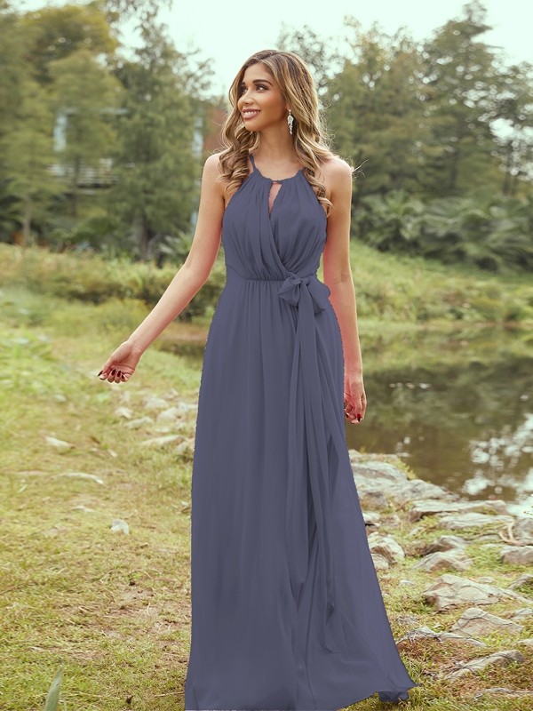 A-Line/Princess Chiffon Ruffles Halter Sleeveless Sweep/Brush Train Bridesmaid Dresses 2196