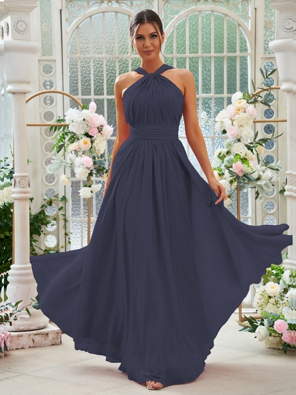 A-Line/Princess Chiffon Ruched Halter Sleeveless Floor-Length Bridesmaid Dresses 2154