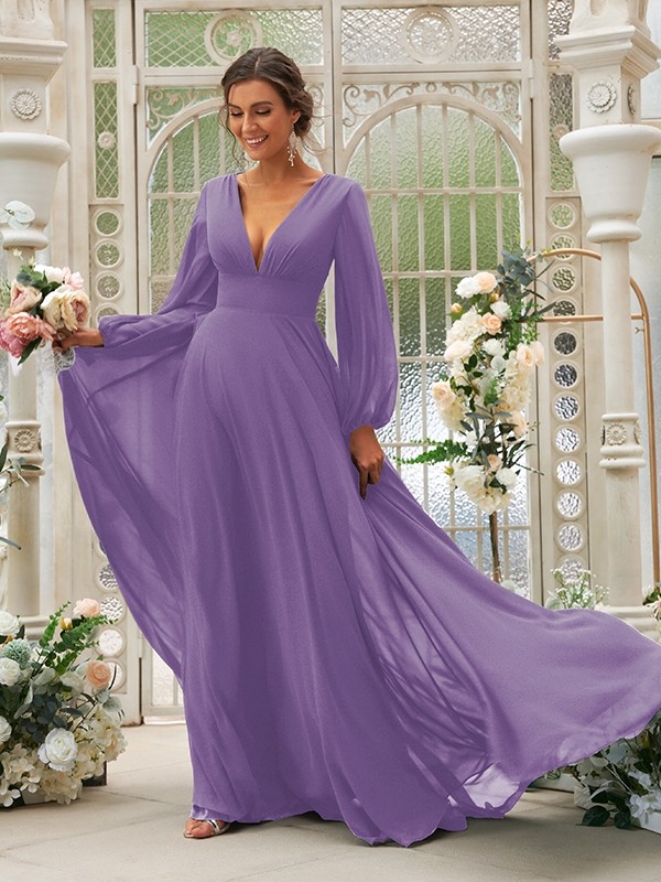 A-Line/Princess Chiffon Ruffles V-neck Long Sleeves Sweep/Brush Train Bridesmaid Dresses 2219