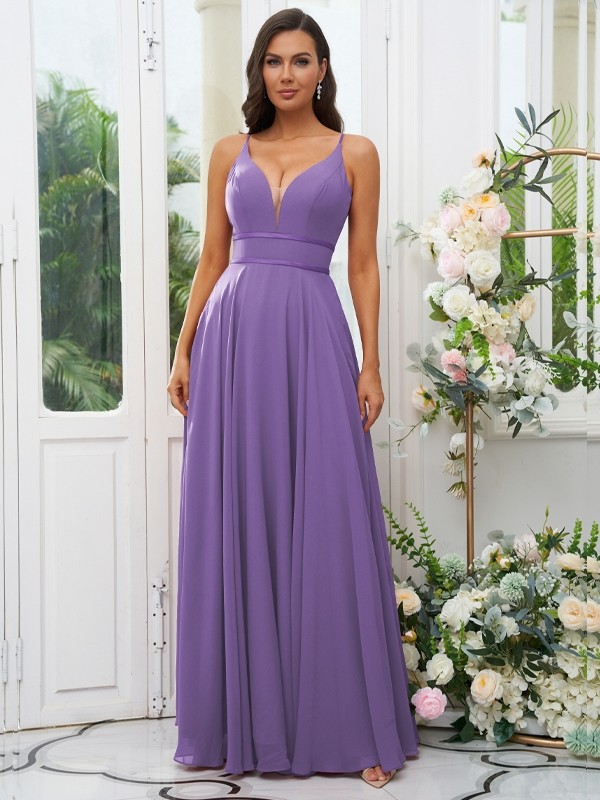 A-Line/Princess Chiffon Ruffles V-neck Sleeveless Floor-Length Bridesmaid Dresses 2239