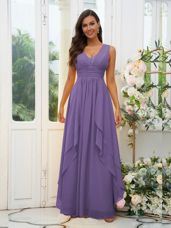 A-Line/Princess Chiffon Ruffles V-neck Sleeveless Floor-Length Bridesmaid Dresses 2240