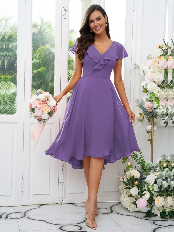 A-Line/Princess Chiffon Ruffles V-neck Short Sleeves Asymmetrical Bridesmaid Dresses 2221