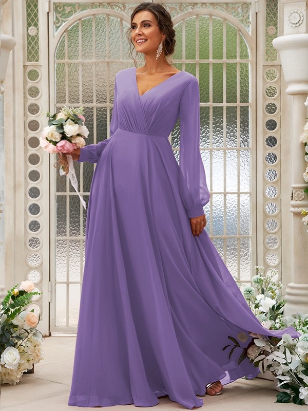 A-Line/Princess Chiffon Ruched V-neck Long Sleeves Floor-Length Bridesmaid Dresses 2169