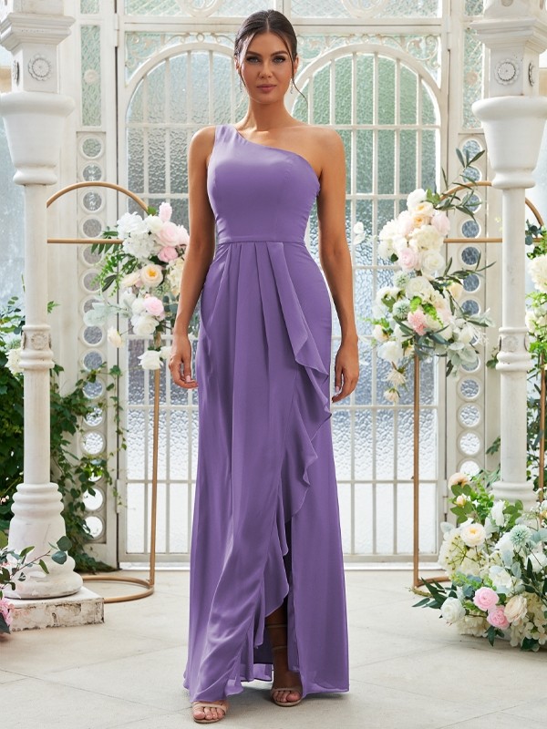 Sheath/Column Chiffon Ruffles One-Shoulder Sleeveless Floor-Length Bridesmaid Dresses 2914