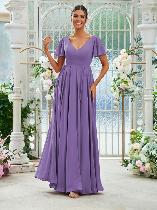 A-Line/Princess Chiffon Ruffles V-neck Short Sleeves Floor-Length Bridesmaid Dresses 2226