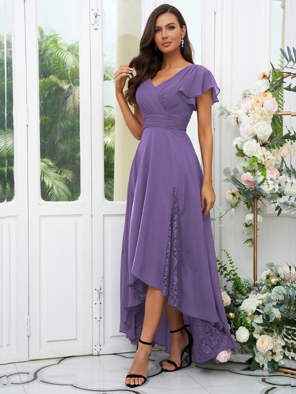 A-Line/Princess Chiffon Lace V-neck Short Sleeves Asymmetrical Bridesmaid Dresses 2151