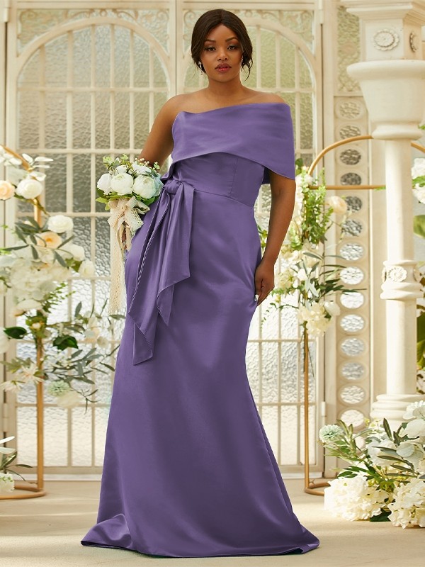 Sheath/Column Satin Ruched One-Shoulder Sleeveless Sweep/Brush Train Bridesmaid Dresses 3022