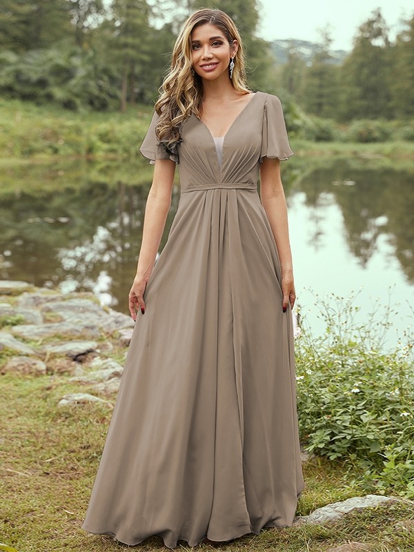 A-Line/Princess Chiffon Ruffles V-neck Short Sleeves Floor-Length Bridesmaid Dresses 2223