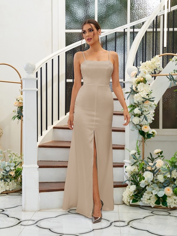 A-Line/Princess Silk like Satin Ruffles Spaghetti Straps Sleeveless Floor-Length Bridesmaid Dresses 2484