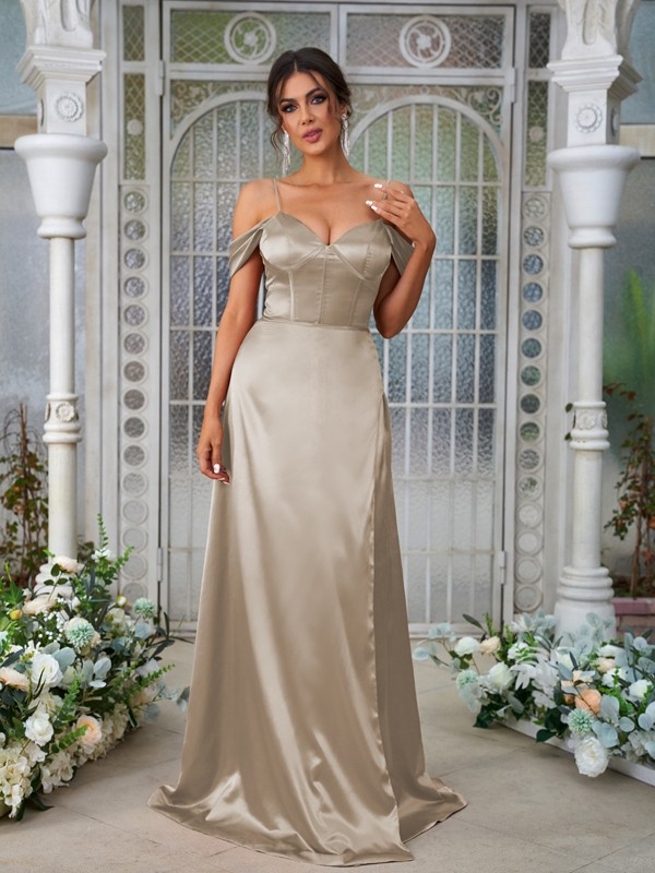 A-Line/Princess Silk like Satin Ruched Sweetheart Sleeveless Sweep/Brush Train Bridesmaid Dresses 2473