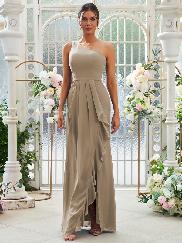 Sheath/Column Chiffon Ruffles One-Shoulder Sleeveless Floor-Length Bridesmaid Dresses 2914