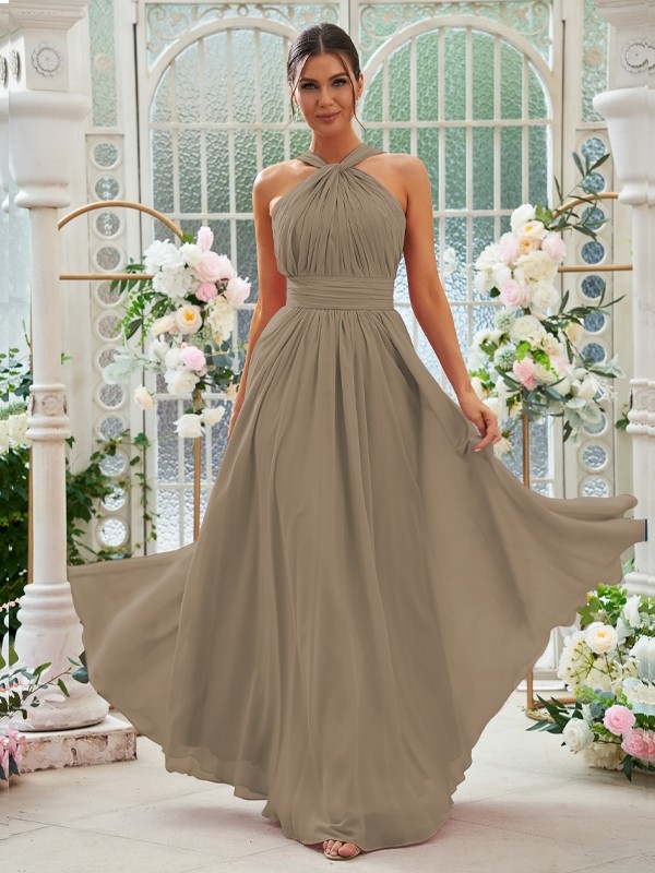 A-Line/Princess Chiffon Ruched Halter Sleeveless Floor-Length Bridesmaid Dresses 2154