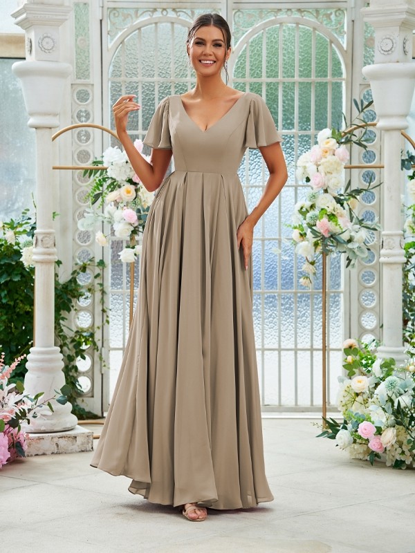 A-Line/Princess Chiffon Ruffles V-neck Short Sleeves Floor-Length Bridesmaid Dresses 2226