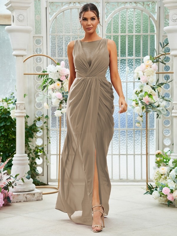 Sheath/Column Chiffon Ruched Scoop Sleeveless Floor-Length Bridesmaid Dresses 2904