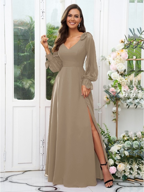 A-Line/Princess Chiffon Bowknot V-neck Long Sleeves Floor-Length Bridesmaid Dresses 2136