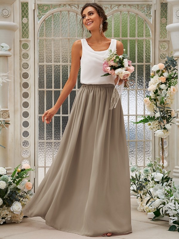 A-Line/Princess Chiffon Ruffles Scoop Sleeveless Floor-Length Two Piece Bridesmaid Dresses 2210