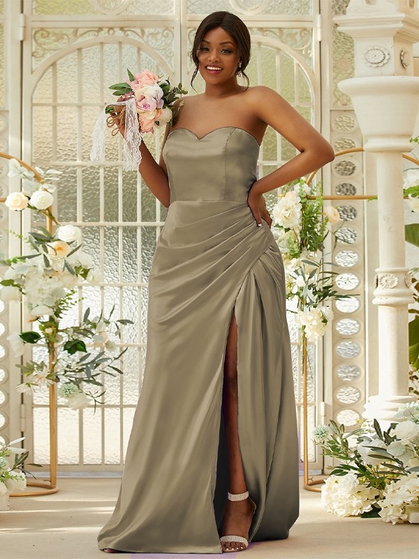 Sheath/Column Silk like Satin Ruched Sweetheart Sleeveless Sweep/Brush Train Bridesmaid Dresses 3079